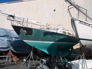 Black Magic, a mastyead yawl undergoing some refinishing in Mattapoisett